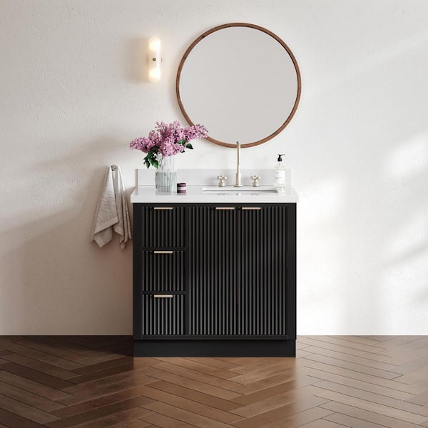 Milan 37 in. W x 21.5 in. D x 36 in. H Single Sink Bath Vanity in Black with Pure White Quartz Top