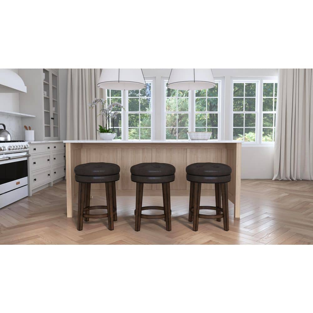 Classic Charcoal Gray Button-Tufted Leather Swivel Counter Stool