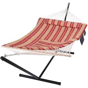 12 ft. Quilted Free Standing 2-Person Hammock with Stand and Detachable Pillow in Red Stripe