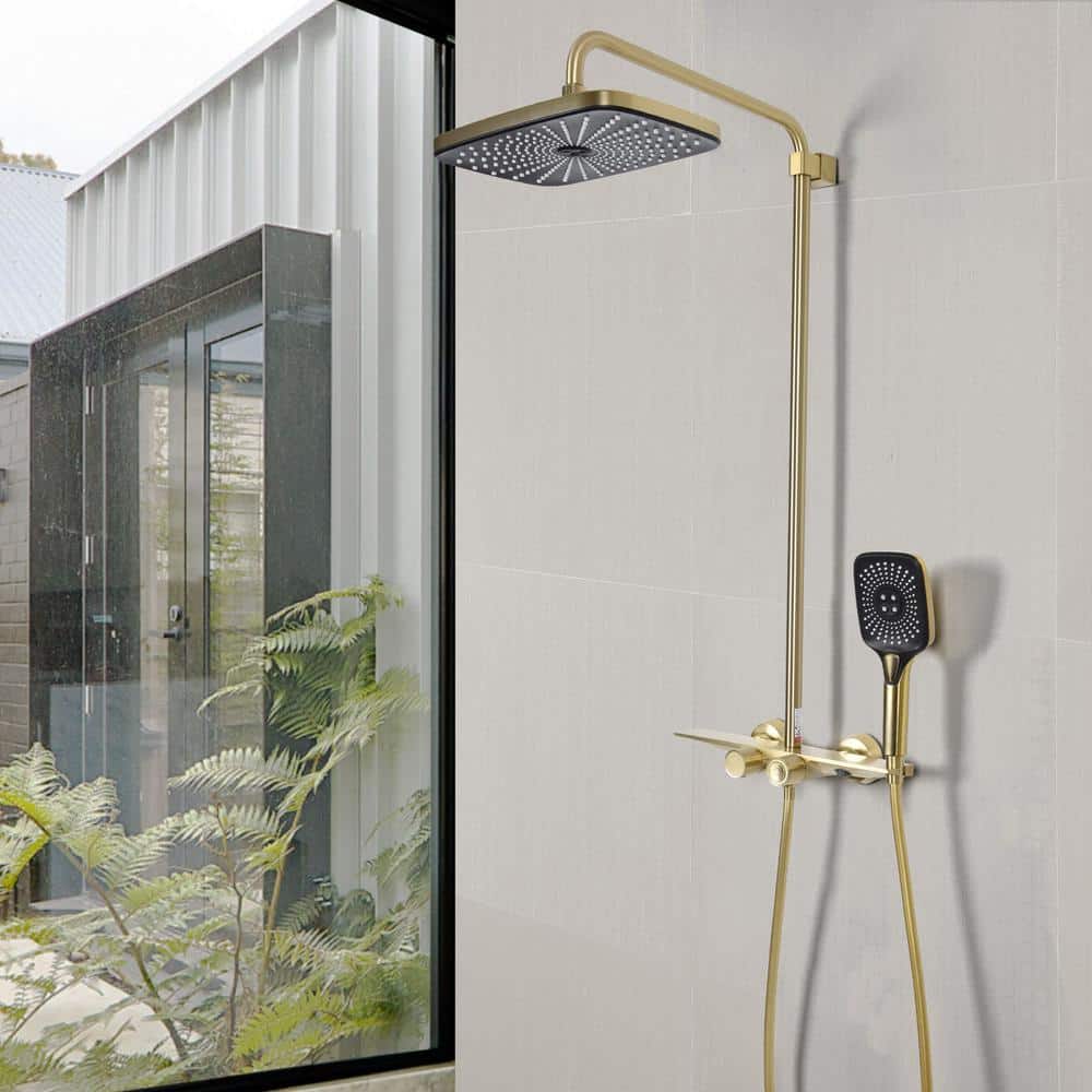 Brushed Gold Brass Thermostatic Wall-Mounted Shower System