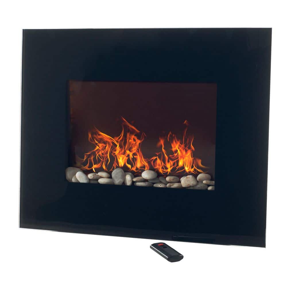 Black Curved Glass Wall Mount Electric Fireplace with Remote