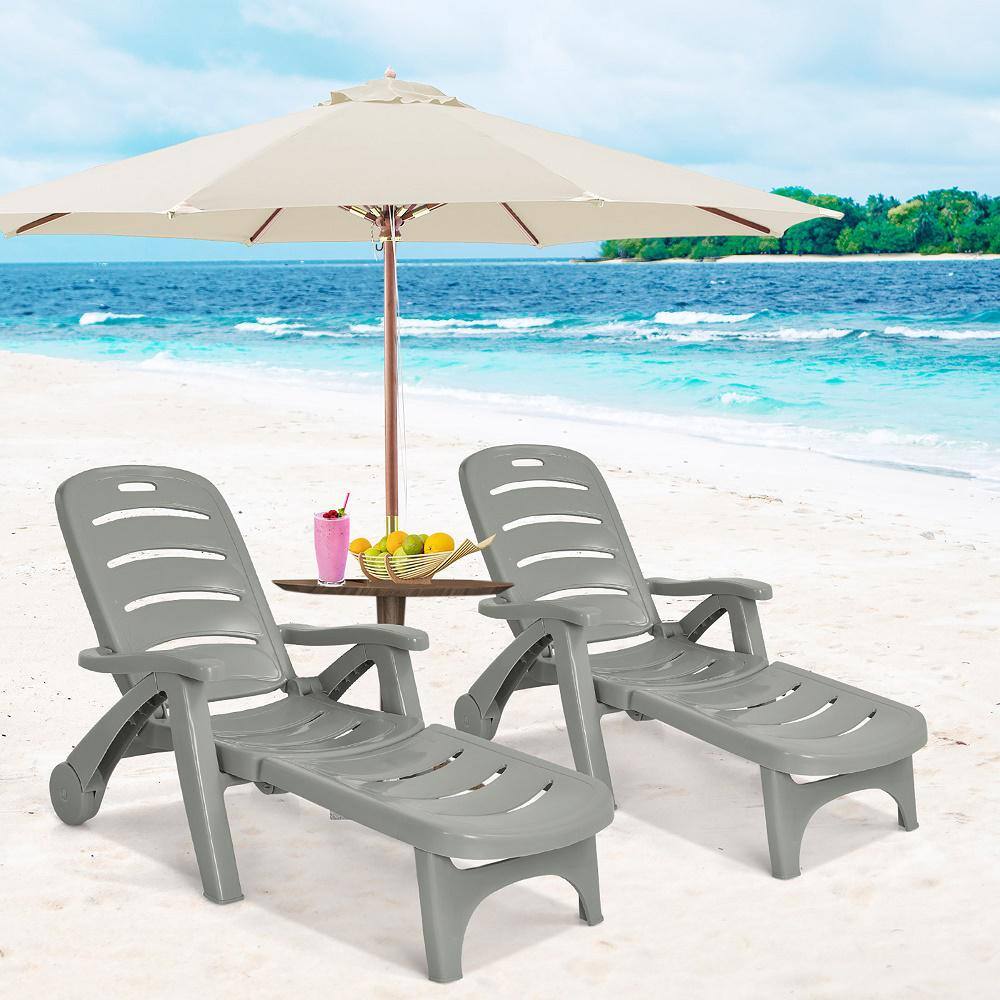 Gray 2-Piece Adjustable Plastic Outdoor Chaise Lounge Chairs