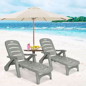 Gray 2-Piece Plastic Folding Outdoor Chaise Lounge Chair 5-Position Adjustable
