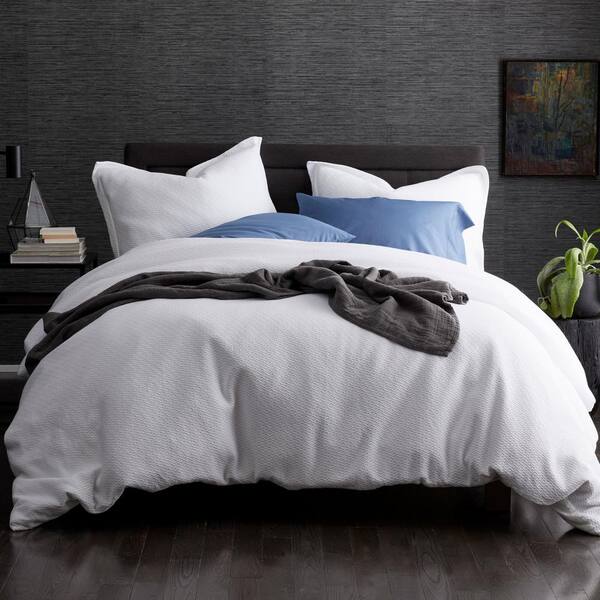 The Company Store Pelham White Geometric Cotton Reversible Twin Duvet Cover