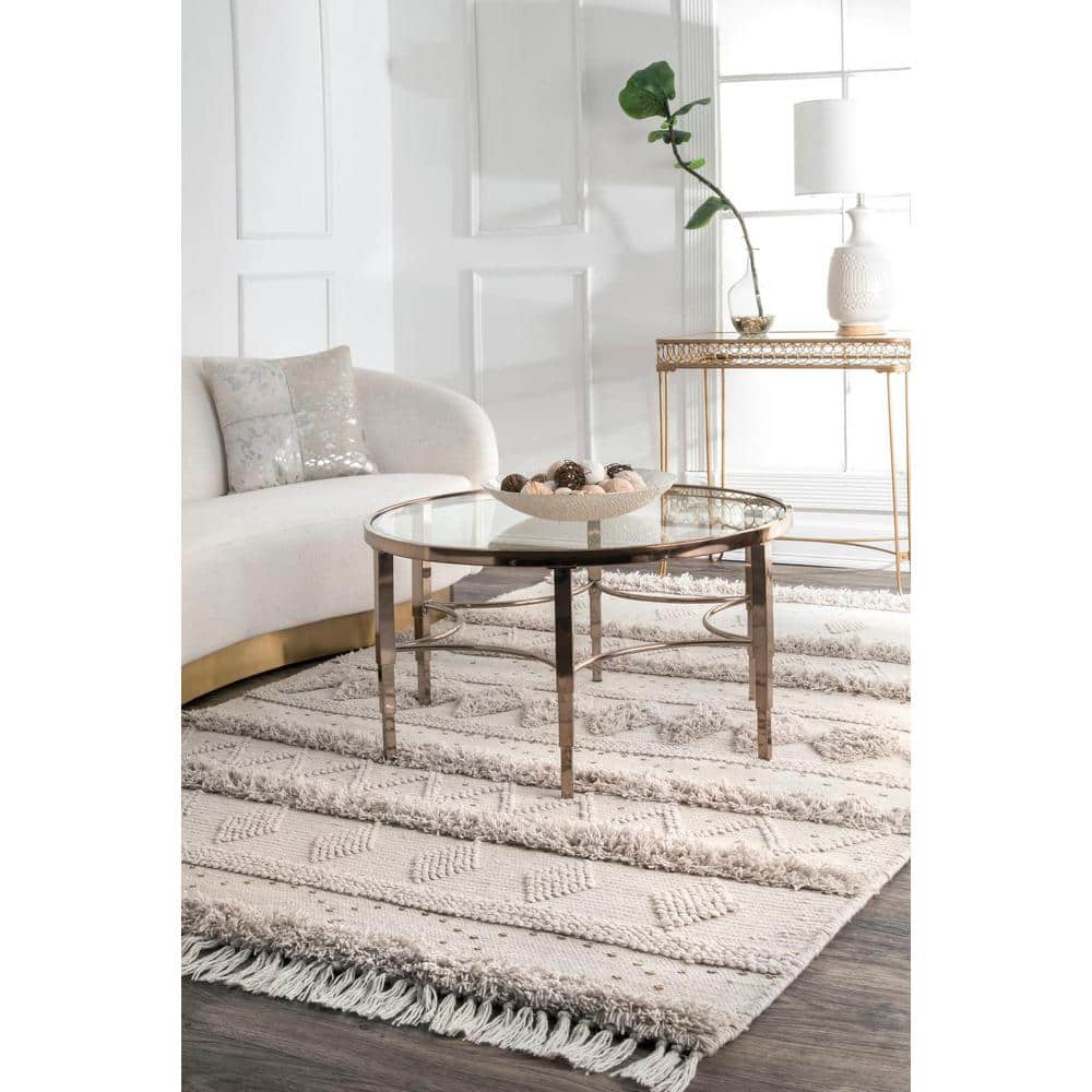 Ivory Hand-Tufted Wool Square Area Rug with Fringe