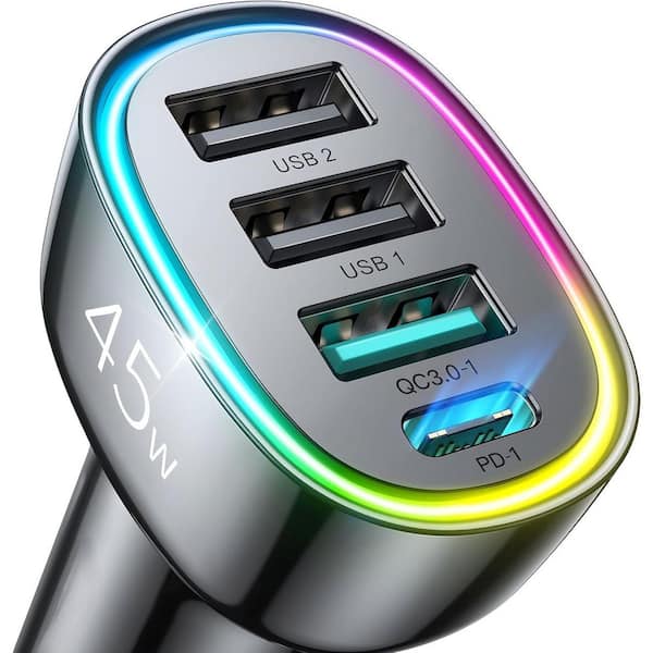 Yichuhaoxi 45W Fast Charging Cigarette Lighter Adapter Car Charger with 4-Ports, 1 USB-C and 3 USB-A in Black