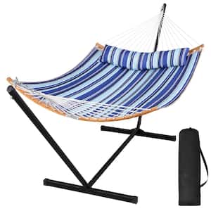 12 ft. Outdoor Portable Hammock with Curved Spreader Bar, Extra Large Pillow, Blue Stripe