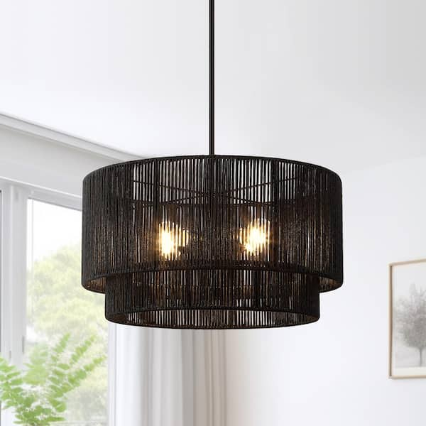 TRUE FINE Bohe 22 in. 4-Light Black Tiered Rattan Drum Chandelier Light ...