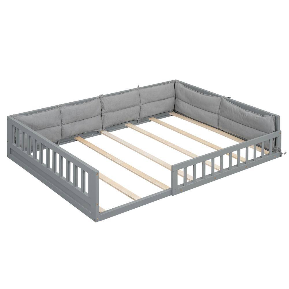 Gray Wood Frame Full Size Platform Bed with Pillows and Guardrails - thumbnail 5