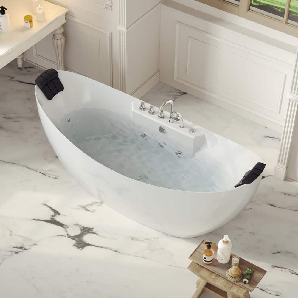 67'' White Acrylic Freestanding Whirlpool Bathtub with Faucet
