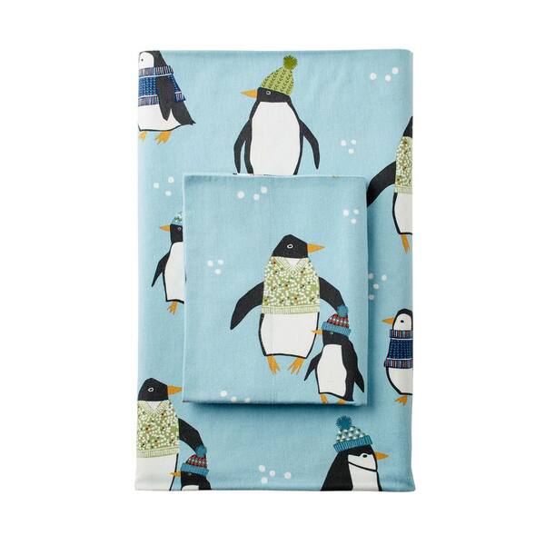 The Company Store Winter Penguin Multicolored Holiday Flannel Queen Flat Sheet
