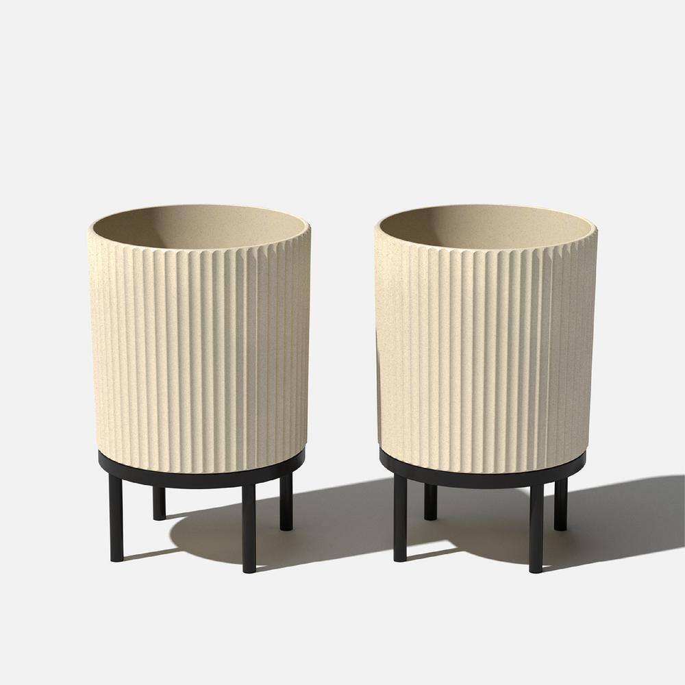 Sandstone and Black 16" Concrete-Composite Planter Set with Acacia Wood Stand