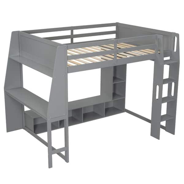 Gaming Style Gray Full Size Wood Loft Bed with Built-in Tabletop, LED, Multiple Storage Shelves, a Hanging Clothes Rack