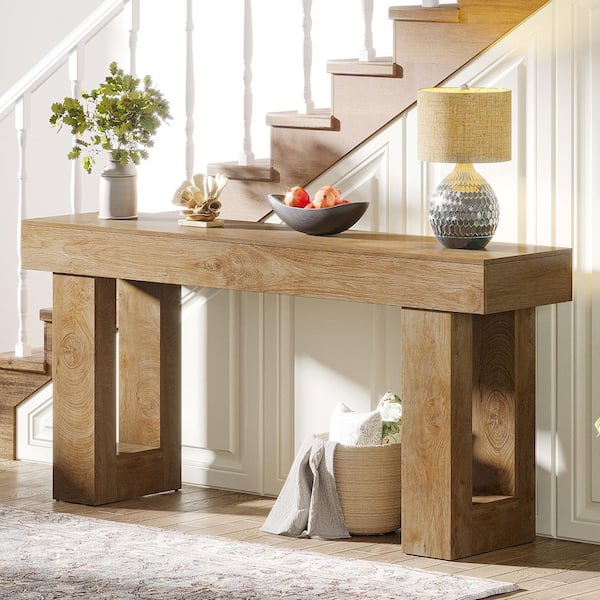 BYBLIGHT Turrella 62.99 in. Light Brown Console Tables, Rectangle Wooden Console Table with Wooden Frame for Living Room