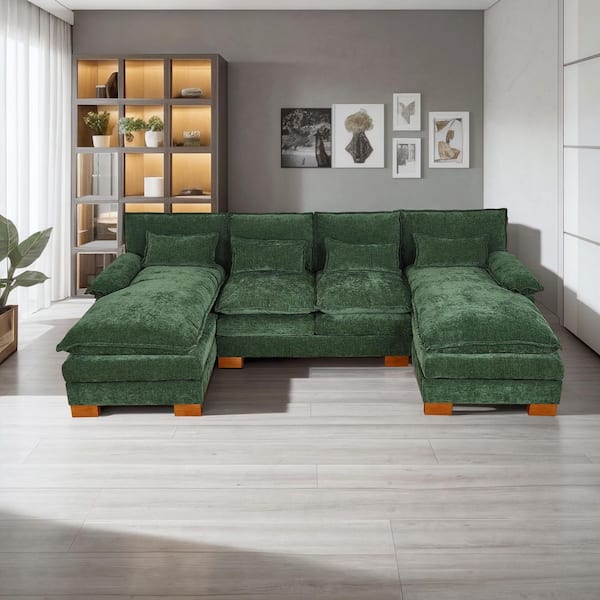 WONDER COMFORT Luxurious 112.6'' Pillows Armrests 3-Piece U-Shaped Chenille Modular Sectional Sofa Couch with Chaises in. Green