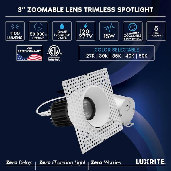 4-Pack 3 In. Integrated LED Trimless Spotlight, Push N’ Lock Zoomable, 5CCT, 15W, 1100LM, Dual Dimmable, Beam 24°–50°