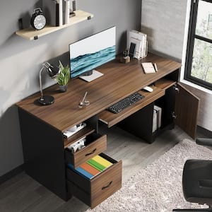 59 in. Rectangular Cherry 2-Drawers Computer Writing Desk with Storage Cabinet and 2-Open Storage