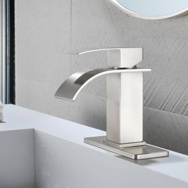 Single Handle Single Hole Bathroom Faucet with Deckplate&Drain Included, Wide Spout Waterfall Faucet in Brushed Nickel