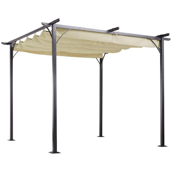10 ft. x 10 ft. Steel Frame Beige Outdoor Retractable Pergola Canopy Grill Gazebo for Backyard, Porch, Party, Garden