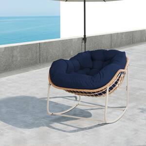 Wicker Outdoor Rocking Chair Folding Patio Lounge Chair with Navy Blue Cushions