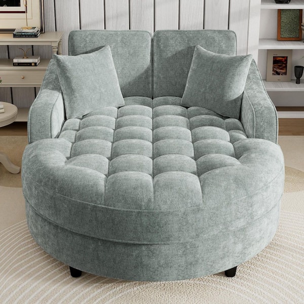 Misty Green Chenille Modern Chaise Lounge Sofa Bed with Tufted Seat and Detachable Pillows