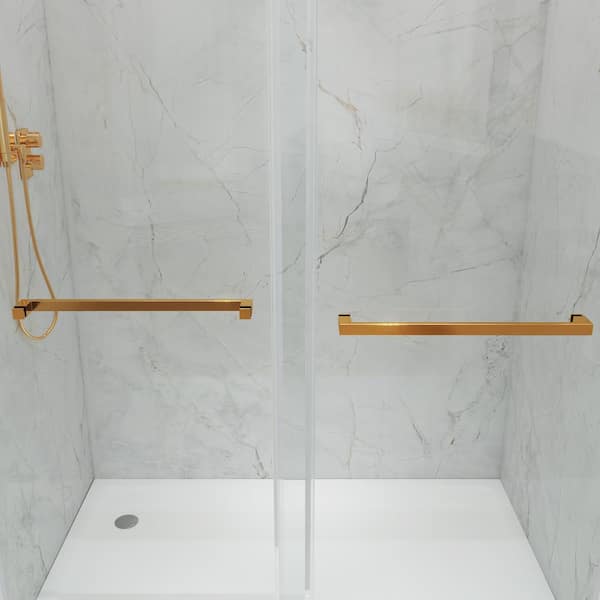 MCOCOD 60 in. W x 76 in. H Double Sliding Frameless Shower Door in Brushed Gold with Smooth Sliding and 3/8 in. (10 mm) Glass