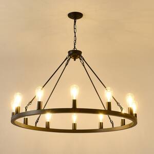 40 in. Black Farmhouse Wagon Wheel Chandelier,12-Light Pendant Light for high Ceilings Living Dining Room Foyer Entryway