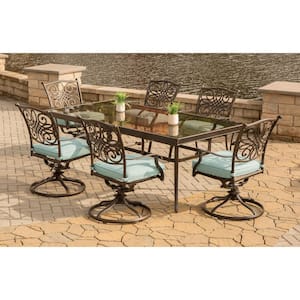Traditions 7-Piece Aluminum Outdoor Dining Set with Rectangular Glass Table and Swivel Chairs with Blue Cushions
