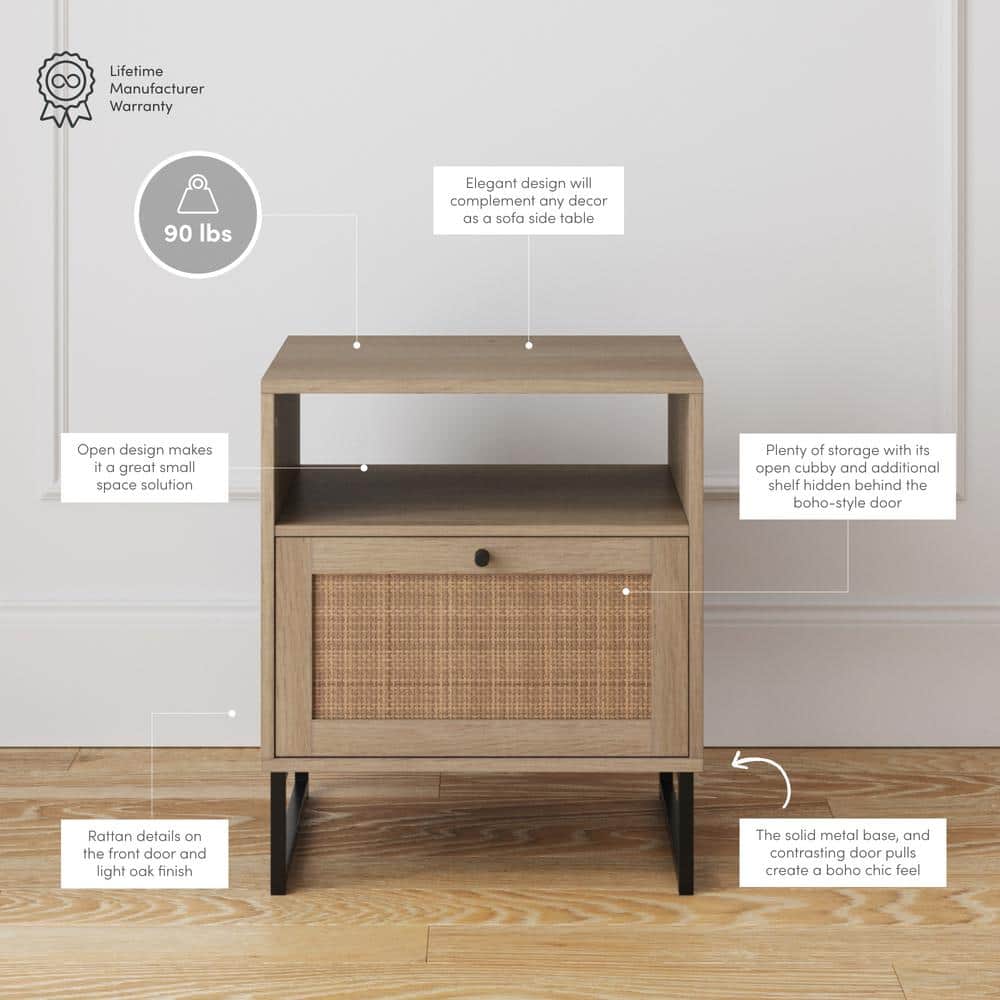 Mina Light Oak and Rattan Nightstands with Black Metal Legs, Set of 2