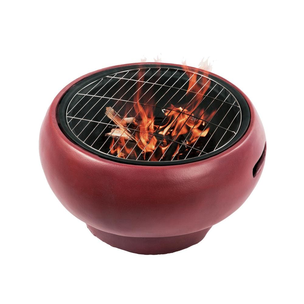 Maroon Round Wood Burning Fire Pit with Faux Concrete Base