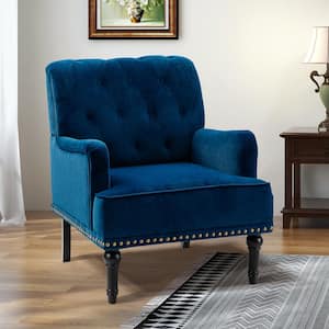 Enrica Navy Tufted Comfy Velvet Armchair with Nailhead Trim and Rubberwood Legs