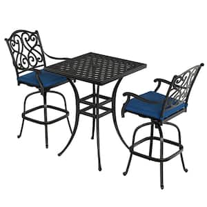 Black 3-Piece Cast Aluminum Patio Outdoor Bistro Set with 2 High Bar Swivel Chairs, Square Table, Blue Cushion (Seat 4)