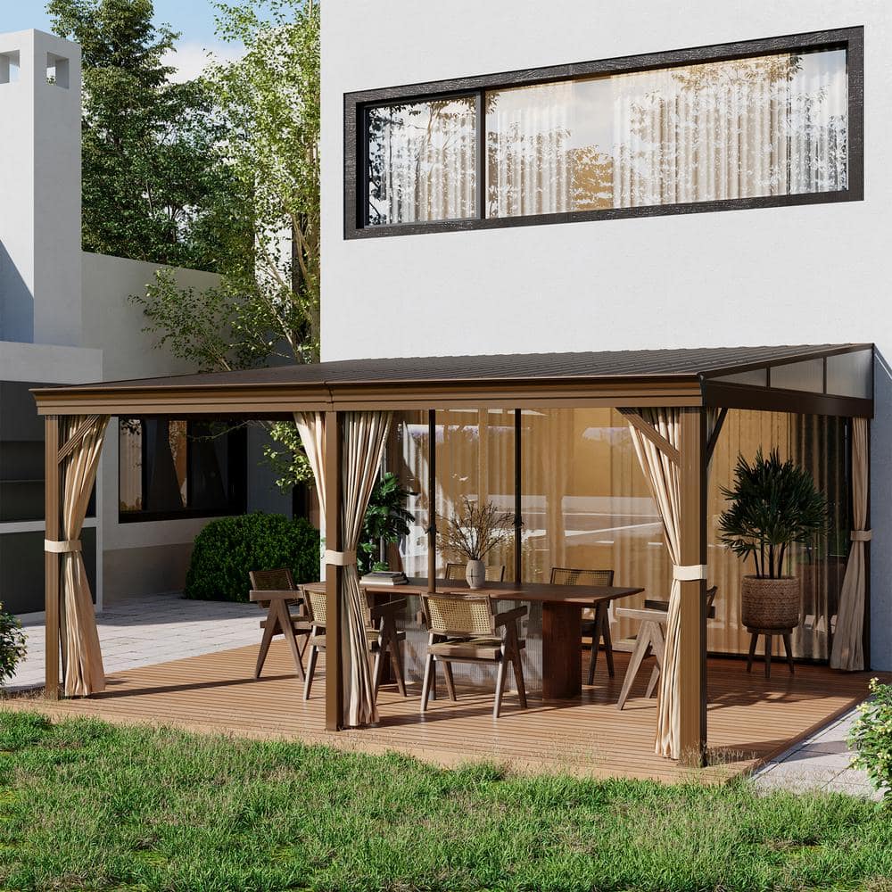 Mondawe 12' x 16' Brown Aluminum Hardtop Gazebo with Curtains