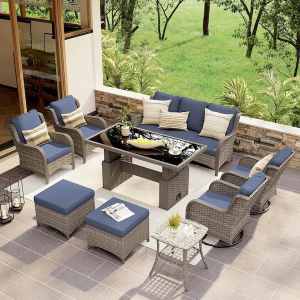 Freestyle 9-Piece Grey Wicker Outdoor Conversation Set with Lift Table, Swivel Rocking Chairs, Blue Cushions