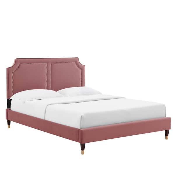 MODWAY Novi Red Performance Velvet Frame Queen Platform Bed with Reinforced Center Beam