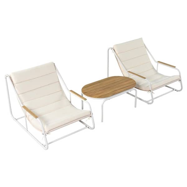 Sudzendf 3-Piece White Metal Patio Conversation Set with Beige Cushions and Acacia Side Table