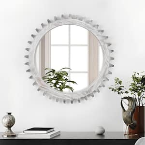 17 in. W x 17 in. H Round Framed Floating Wall Bathroom Vanity Mirror in Antiqued White Solid Wood