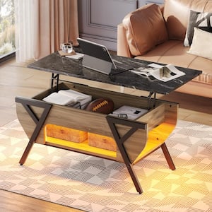 41.73 in. Pinewood Lift-Top Coffee Table side table with Geometric Frame and LED Light