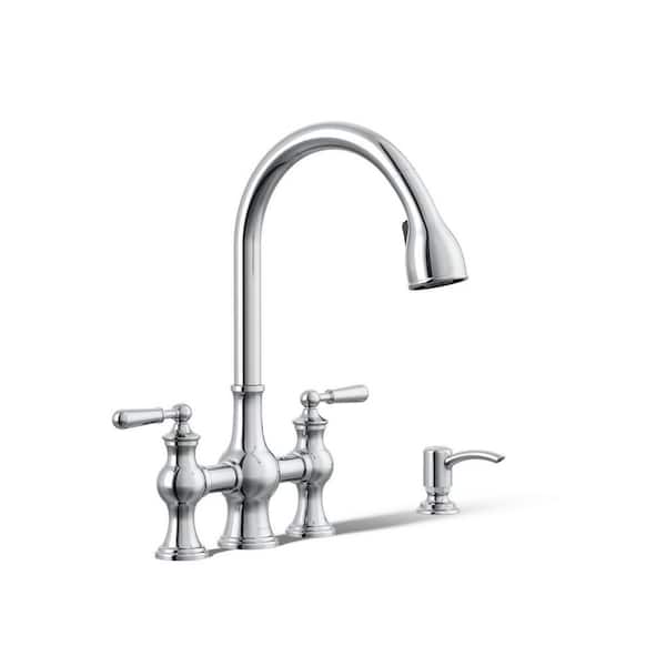 Capilano 2-Handle Bridge Farmhouse Pull-Down Kitchen Faucet with Soap Dispenser and Sweep Spray in Polished Chrome