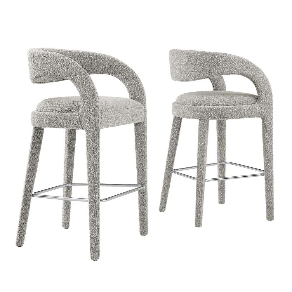 Taupe Silver Boucle Upholstered Bar Stools with Metal Legs, Set of Two