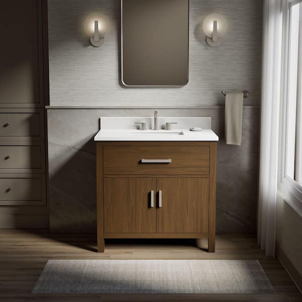Kresla 36.97 in. Freestanding Draper Oak Bath Vanity with White Quartz Top