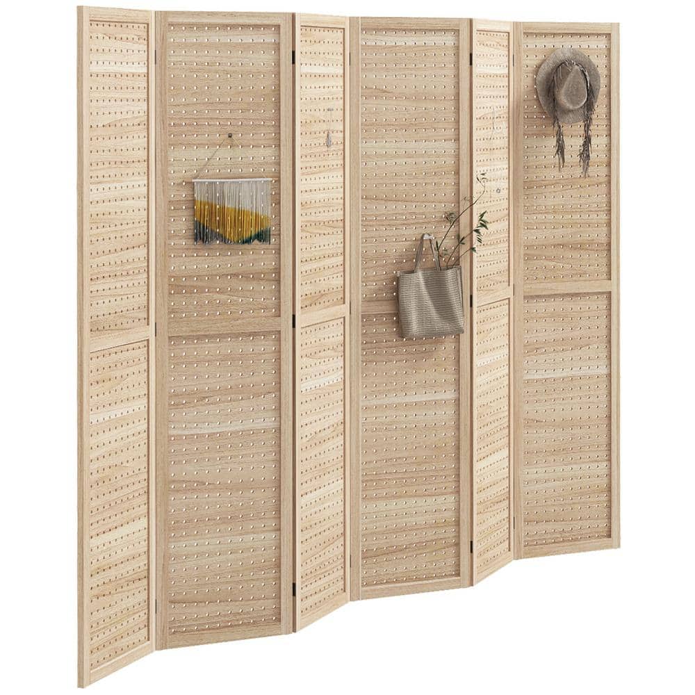 Natural Wood 6-Panel Folding Room Divider with Hook Holes