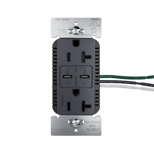 20A Tamper Resistant 65W Commercial Grade Power Delivery USB Type C Duplex Outlet Graphite