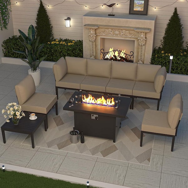 8-Piece Metal Patio Conversation Set with 55000 BTU Gas Fire Pit Table and Glass Coffee Table and Sand Cushions