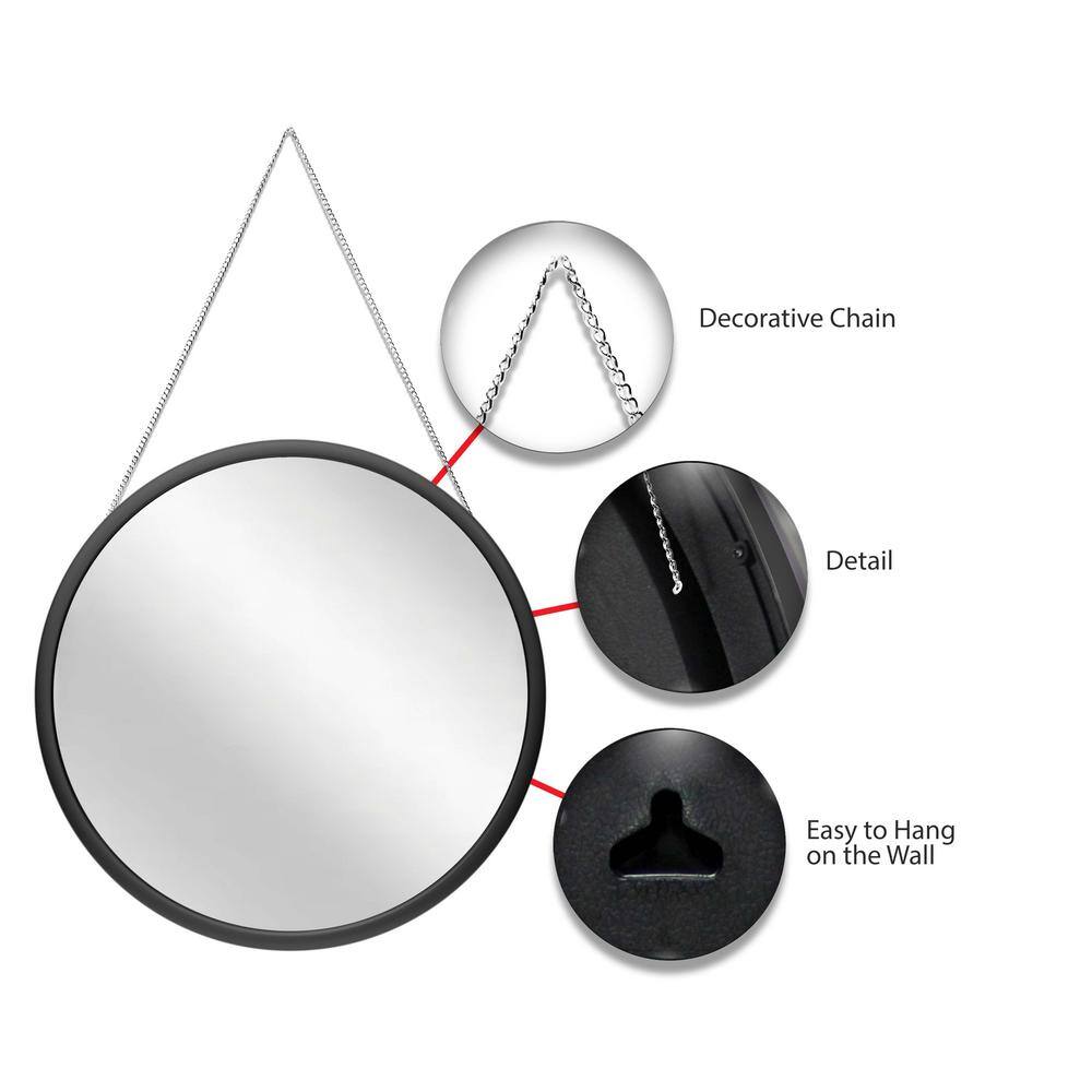 17.5" Round Black Wall Mirror with Silver Chain