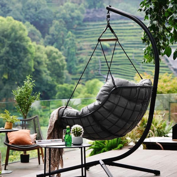Outdoor Metal Hanging Chair with Stand and Cushion, E-Coated Swing Chair