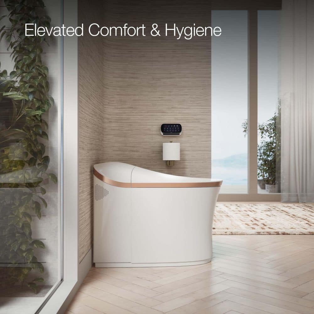 White and Rose Gold Trim Elongated Dual Flush Toilet