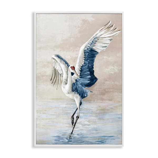 Stupell Industries Dancing Crane on Shore by Eli Jones White Framed Animal Giclee Art Print 24 in. x 16 in.