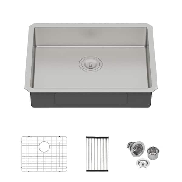 23 in. Undermount ADA Kitchen Sink in Single Bowl Brushed 16 Gauge Stainless Steel with Bottom Grid and Accessories