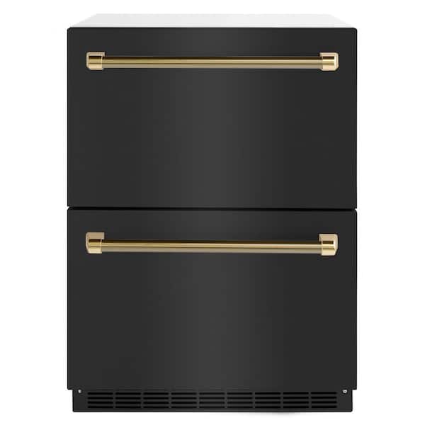 24 in. Autograph Touchstone 168 Can Outdoor Refrigerator Drawer with Black Stainless Doors and Gold Helix Handles